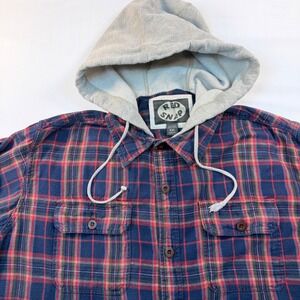 Red Snap Hooded Blue Red Flannel Shirt Jacket  Men XXL Plaid Button Front Grunge